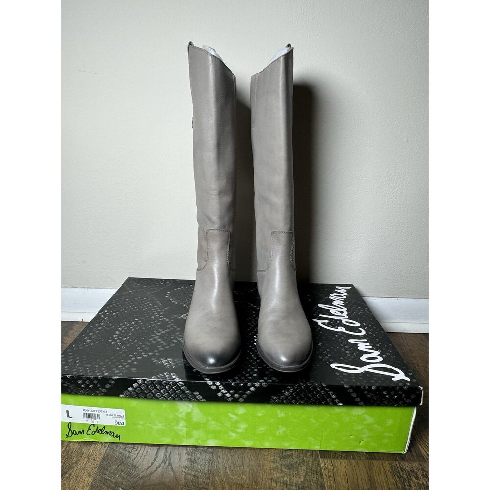 NEW Sam Edelman Penny Riding Boots Grey Leather SZ 9W Knee High Zip Equestrian